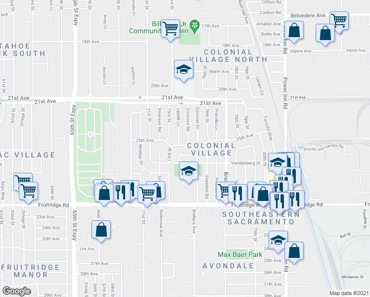map of restaurants, bars, coffee shops, grocery stores, and more near 7400 25th Avenue in Sacramento