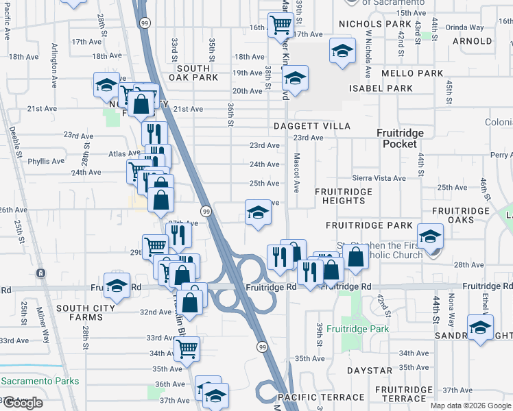 map of restaurants, bars, coffee shops, grocery stores, and more near 3680 26th Avenue in Sacramento