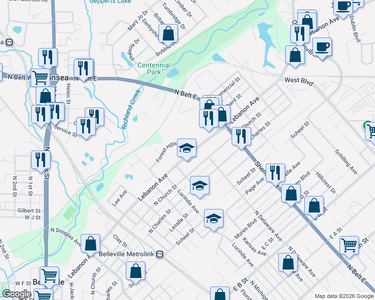 map of restaurants, bars, coffee shops, grocery stores, and more near in Belleville