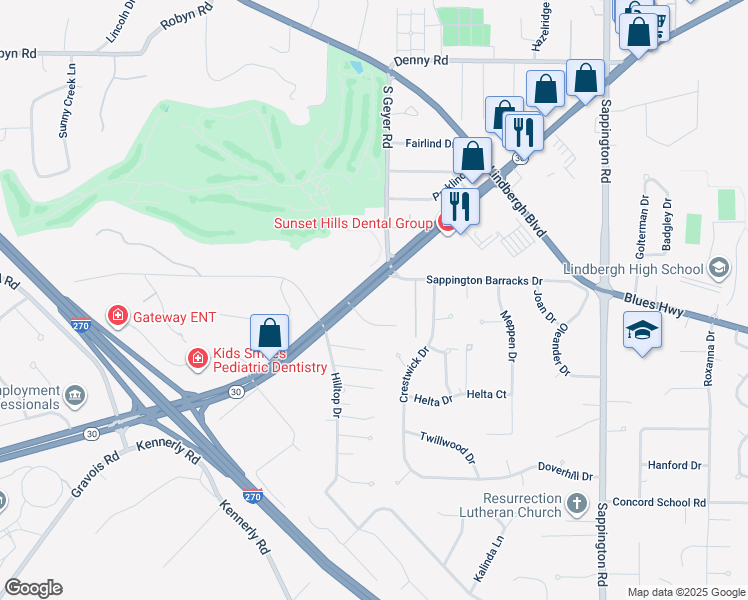 map of restaurants, bars, coffee shops, grocery stores, and more near 11916 State Route 30 in St. Louis