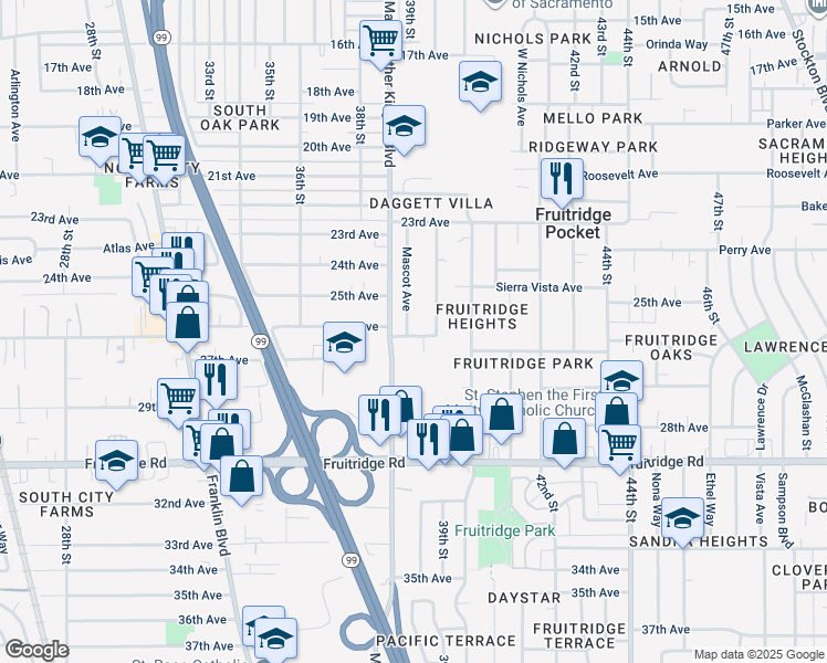 map of restaurants, bars, coffee shops, grocery stores, and more near 3891 26th Avenue in Sacramento