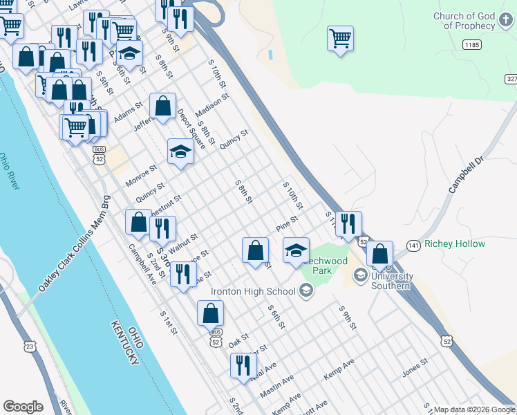 map of restaurants, bars, coffee shops, grocery stores, and more near 1213 South 8th Street in Ironton
