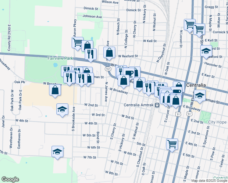 map of restaurants, bars, coffee shops, grocery stores, and more near 453 West Broadway in Centralia