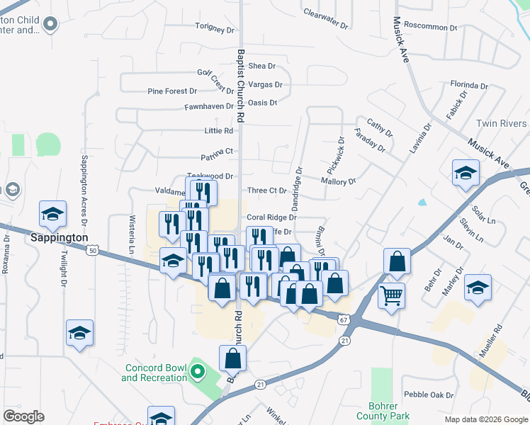 map of restaurants, bars, coffee shops, grocery stores, and more near 10933 Coral Ridge Drive in St. Louis