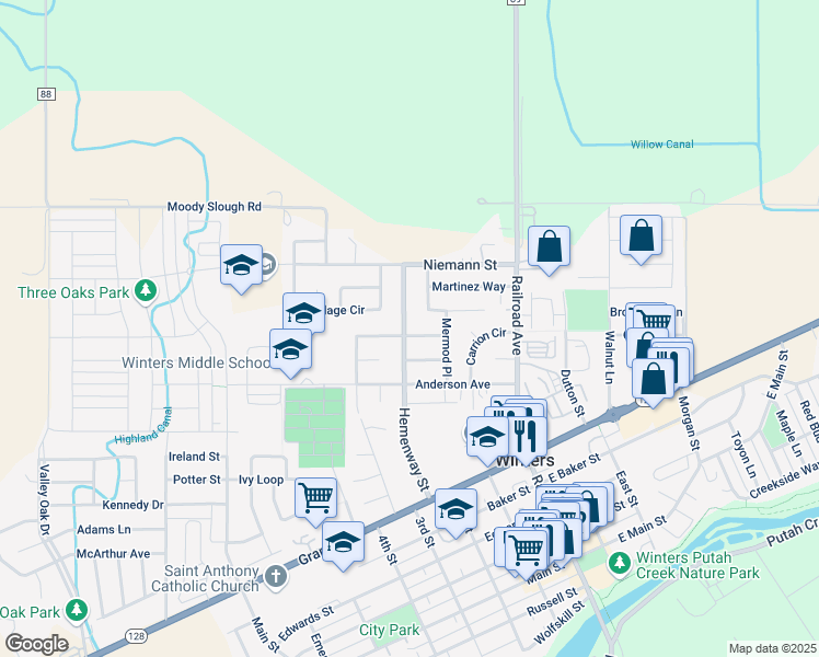 map of restaurants, bars, coffee shops, grocery stores, and more near 213 Rosa Avenue in Winters