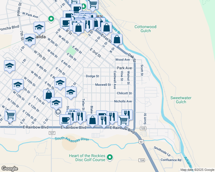 map of restaurants, bars, coffee shops, grocery stores, and more near 302 Hunt Street in Salida
