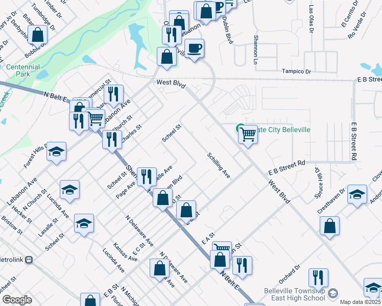 map of restaurants, bars, coffee shops, grocery stores, and more near 2144 Muren Boulevard in Belleville
