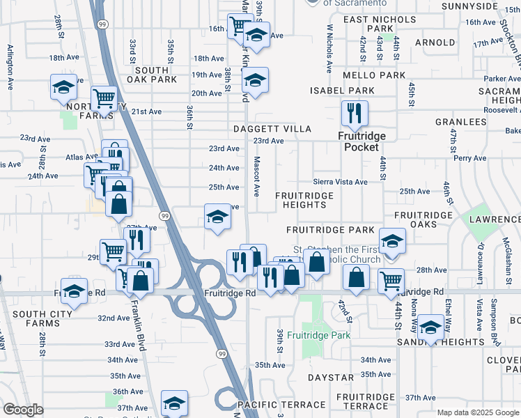 map of restaurants, bars, coffee shops, grocery stores, and more near 3891 26th Avenue in Sacramento