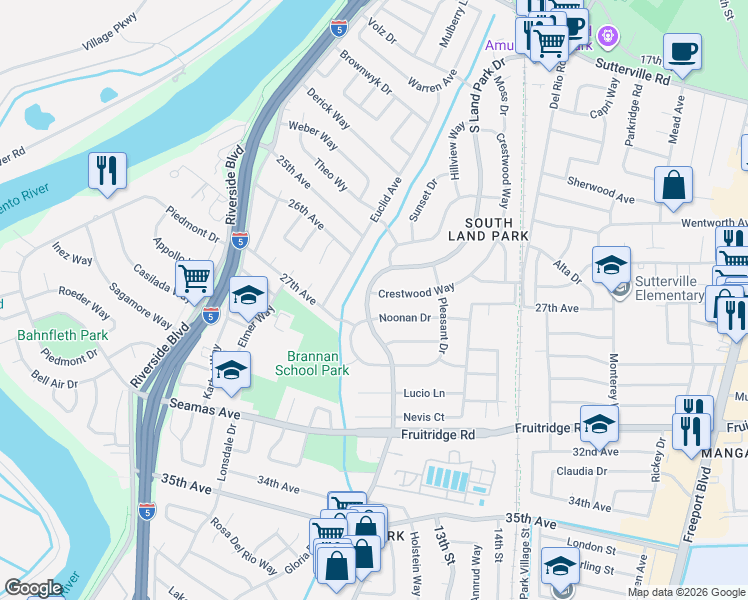 map of restaurants, bars, coffee shops, grocery stores, and more near 5101 South Land Park Drive in Sacramento