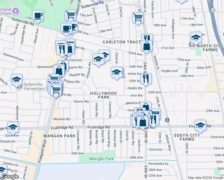 map of restaurants, bars, coffee shops, grocery stores, and more near 4929 Carmen Way in Sacramento