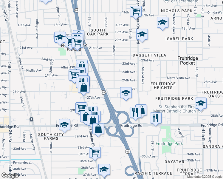 map of restaurants, bars, coffee shops, grocery stores, and more near 3572 26th Avenue in Sacramento