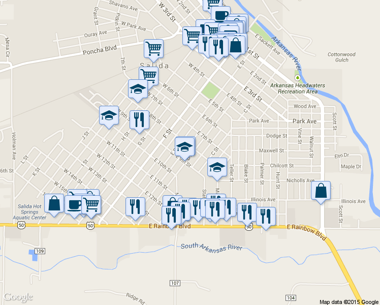 map of restaurants, bars, coffee shops, grocery stores, and more near 822 D St in Salida