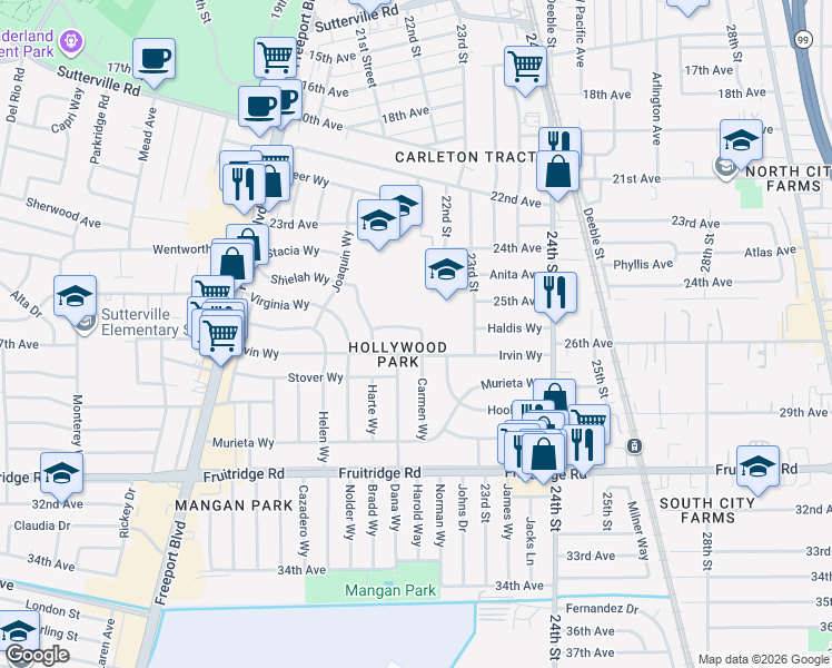 map of restaurants, bars, coffee shops, grocery stores, and more near 4929 Carmen Way in Sacramento