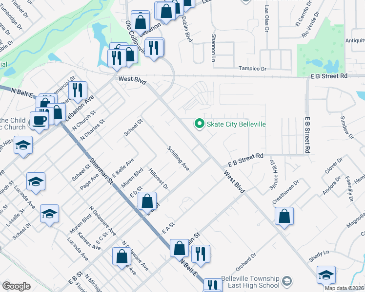 map of restaurants, bars, coffee shops, grocery stores, and more near 15 Glencoe Drive in Belleville
