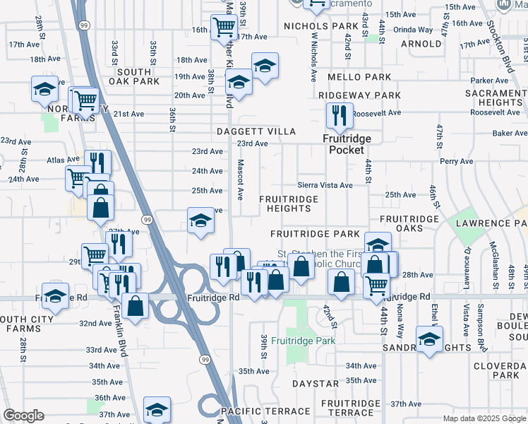 map of restaurants, bars, coffee shops, grocery stores, and more near 5111 Warwick Avenue in Sacramento