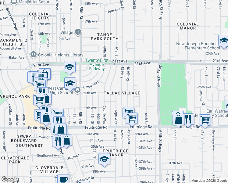 map of restaurants, bars, coffee shops, grocery stores, and more near 5018 Argo Way in Sacramento