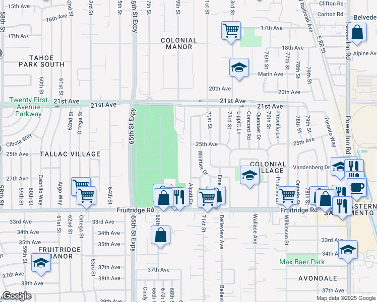 map of restaurants, bars, coffee shops, grocery stores, and more near 5110 Alcott Drive in Sacramento