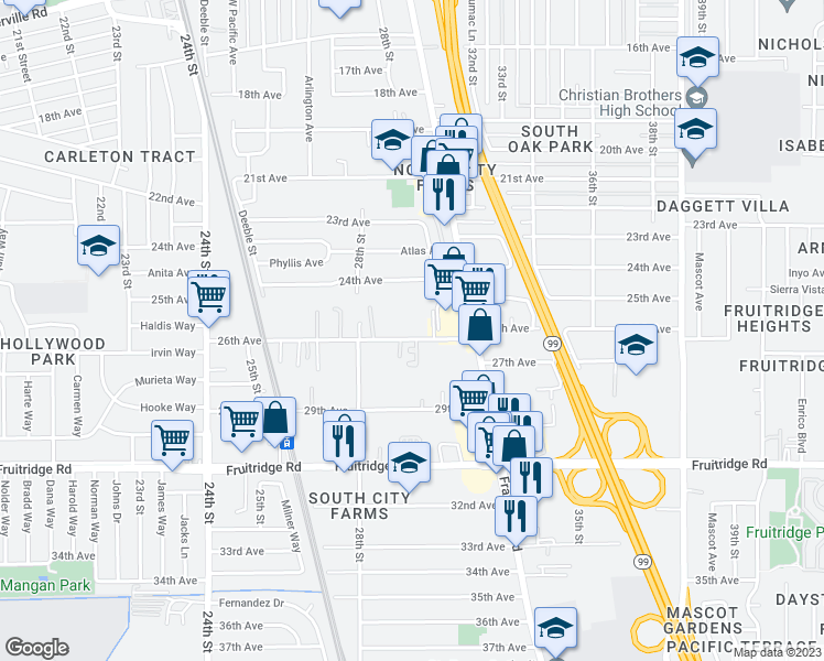 map of restaurants, bars, coffee shops, grocery stores, and more near 3031 26th Avenue in Sacramento