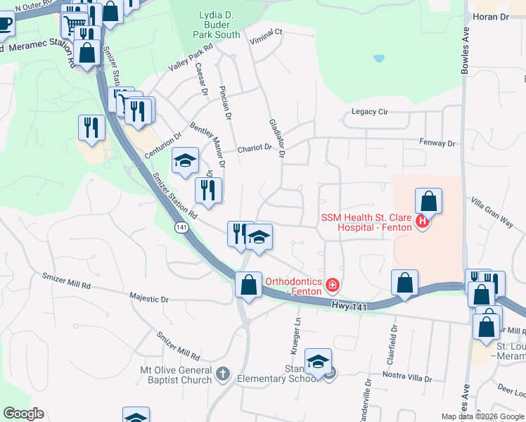 map of restaurants, bars, coffee shops, grocery stores, and more near 2304 Gladiator Drive in Fenton