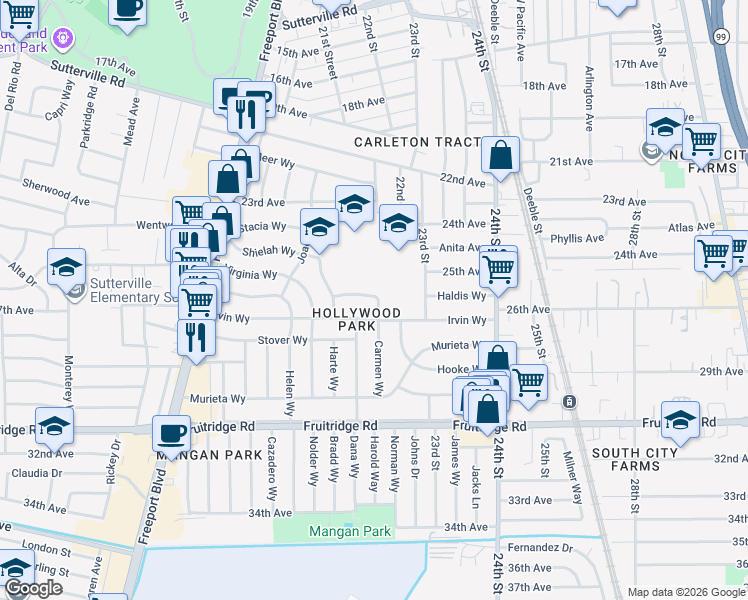 map of restaurants, bars, coffee shops, grocery stores, and more near 4929 Carmen Way in Sacramento