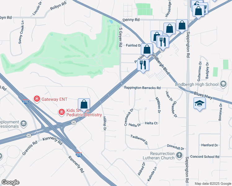 map of restaurants, bars, coffee shops, grocery stores, and more near 11916 State Route 30 in St. Louis