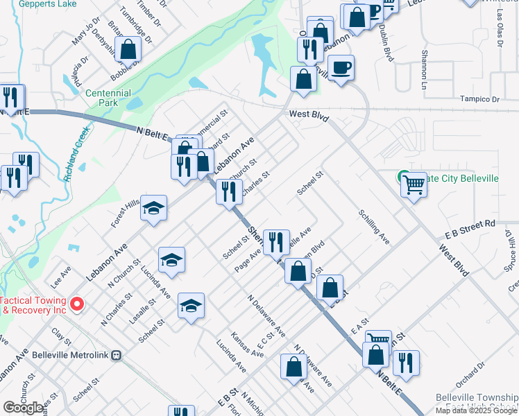 map of restaurants, bars, coffee shops, grocery stores, and more near 1716 Lasalle Street in Belleville