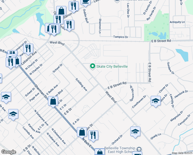 map of restaurants, bars, coffee shops, grocery stores, and more near 1504 West Boulevard in Belleville