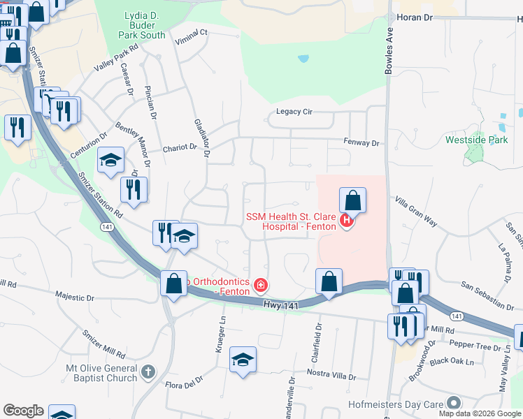 map of restaurants, bars, coffee shops, grocery stores, and more near 1713 Dover Trace Drive in Fenton