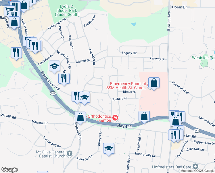 map of restaurants, bars, coffee shops, grocery stores, and more near 2421 Alcarol Drive in Fenton