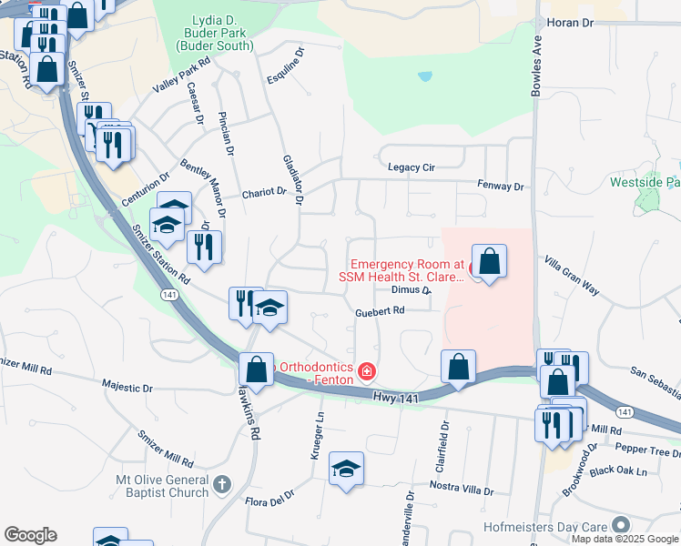 map of restaurants, bars, coffee shops, grocery stores, and more near 2421 Alcarol Drive in Fenton