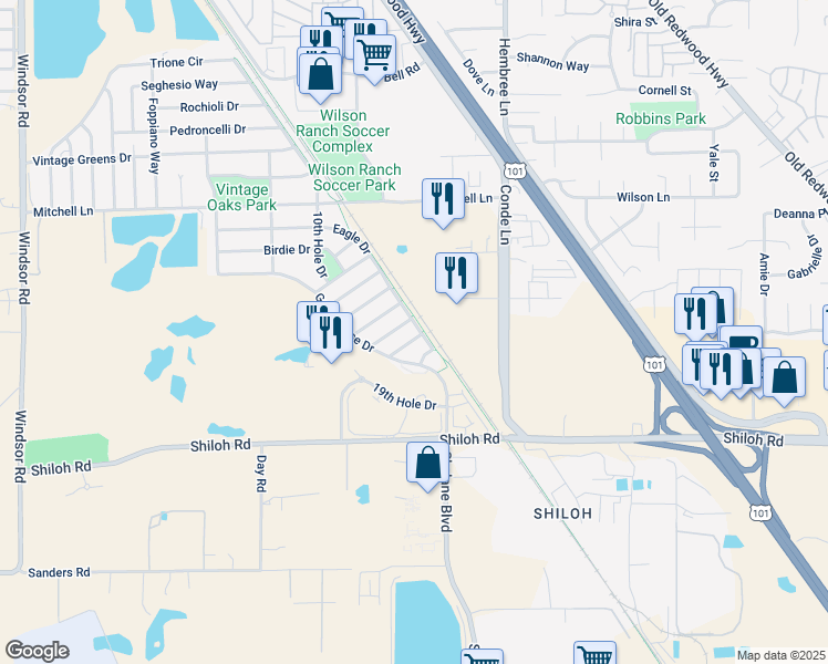 map of restaurants, bars, coffee shops, grocery stores, and more near 7242 16th Hole Drive in Windsor