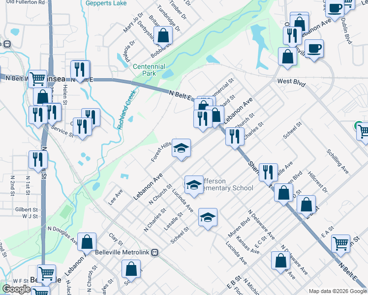 map of restaurants, bars, coffee shops, grocery stores, and more near 1 Wade Square in Belleville