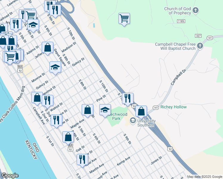 map of restaurants, bars, coffee shops, grocery stores, and more near 1013 Pine Street in Ironton