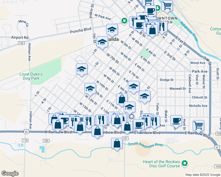 map of restaurants, bars, coffee shops, grocery stores, and more near 938 F Street in Salida
