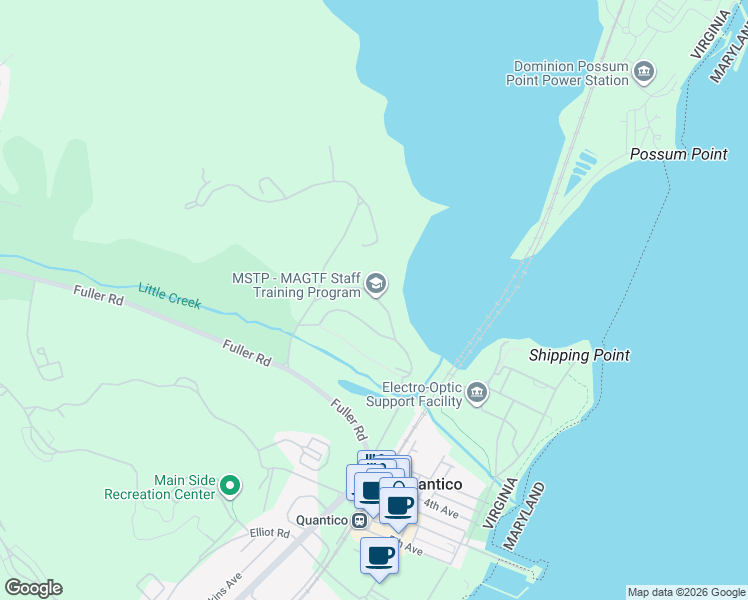 map of restaurants, bars, coffee shops, grocery stores, and more near 2301 Little Road in Quantico
