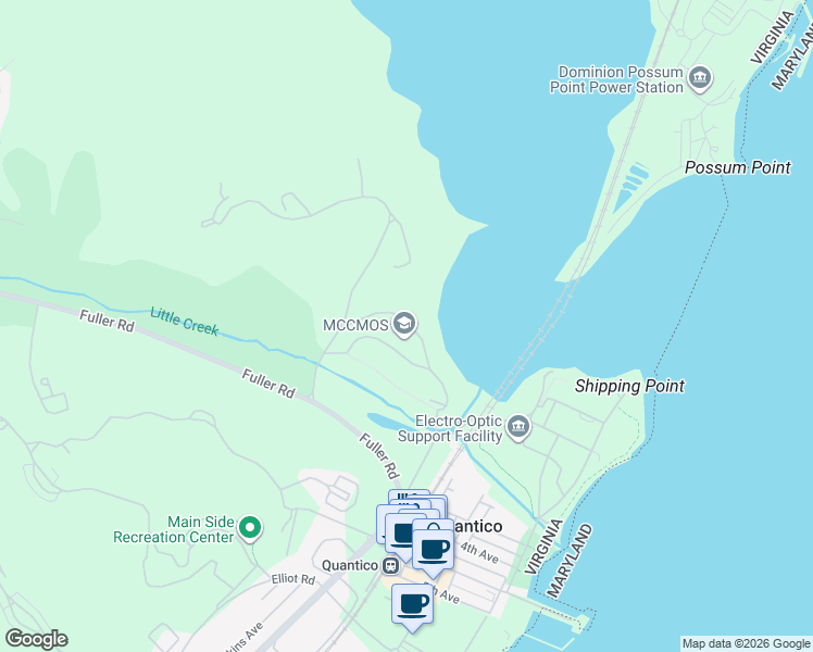 map of restaurants, bars, coffee shops, grocery stores, and more near 2301 Little Road in Quantico