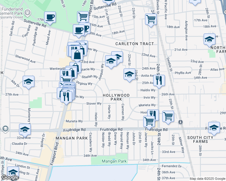 map of restaurants, bars, coffee shops, grocery stores, and more near 2212 Hollywood Way in Sacramento