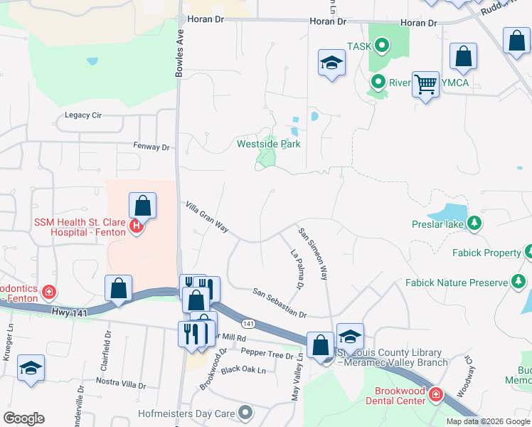 map of restaurants, bars, coffee shops, grocery stores, and more near 1726 San Martin Drive in Fenton