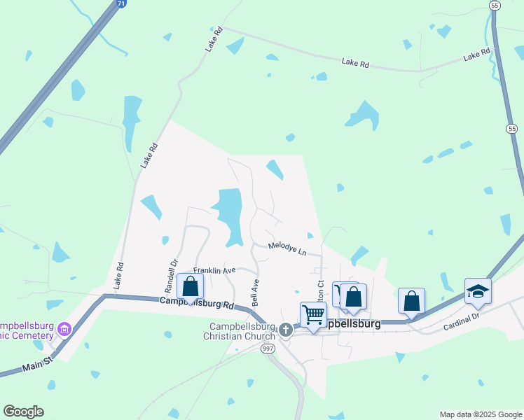 map of restaurants, bars, coffee shops, grocery stores, and more near 32 Danny Lane in Campbellsburg