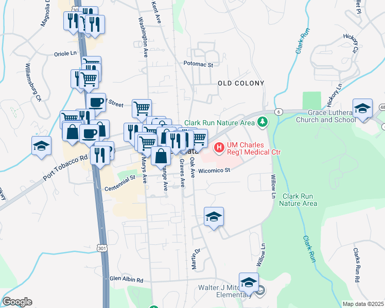 map of restaurants, bars, coffee shops, grocery stores, and more near 605 Charles Street in La Plata