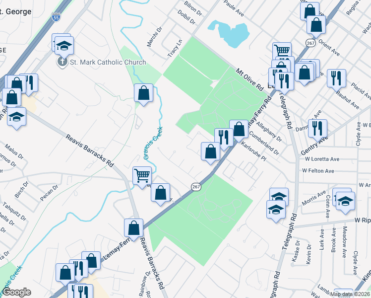map of restaurants, bars, coffee shops, grocery stores, and more near 174 Lemay Gardens Drive in St. Louis