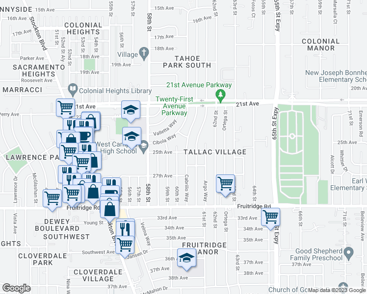 map of restaurants, bars, coffee shops, grocery stores, and more near 5030 Cabrillo Way in Sacramento