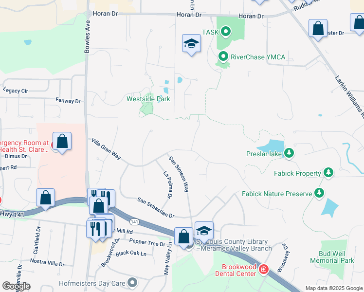 map of restaurants, bars, coffee shops, grocery stores, and more near 921 Villa Gran Way in Fenton