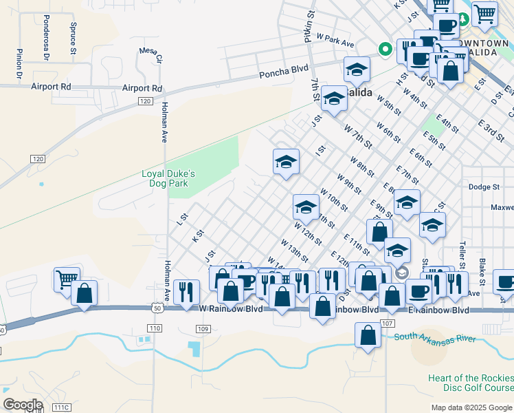 map of restaurants, bars, coffee shops, grocery stores, and more near 1231 J St in Salida