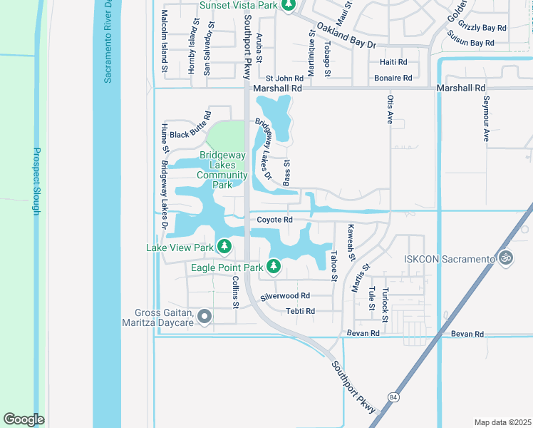 map of restaurants, bars, coffee shops, grocery stores, and more near 3630 Coyote Road in West Sacramento