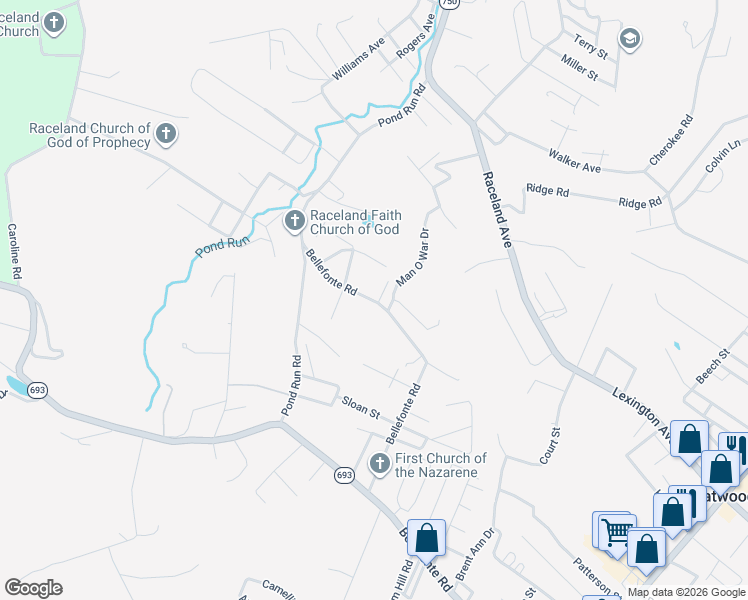 map of restaurants, bars, coffee shops, grocery stores, and more near Bellefonte Road in Raceland