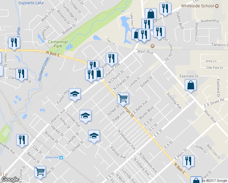 map of restaurants, bars, coffee shops, grocery stores, and more near 1700 North Charles Street in Belleville