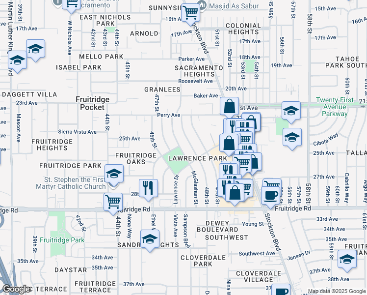 map of restaurants, bars, coffee shops, grocery stores, and more near in Sacramento