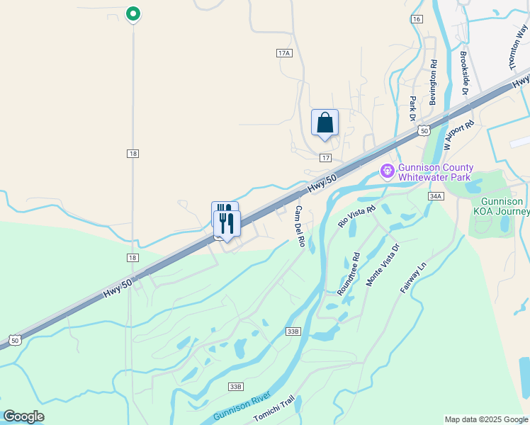 map of restaurants, bars, coffee shops, grocery stores, and more near 37726 U.S. 50 Frontage in Gunnison