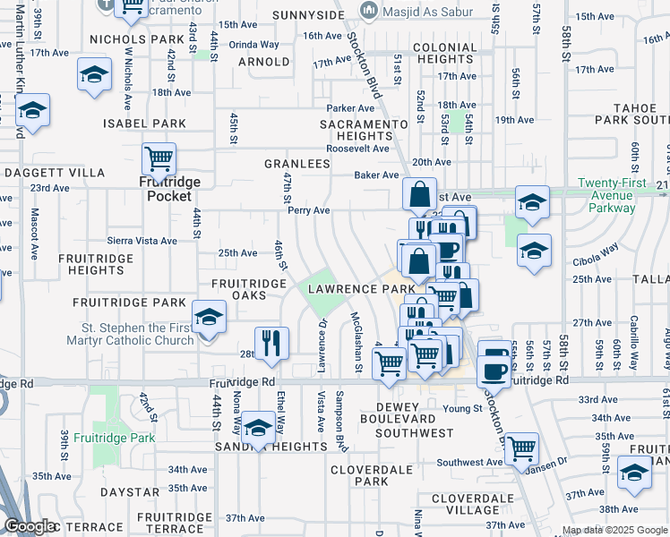 map of restaurants, bars, coffee shops, grocery stores, and more near in Sacramento
